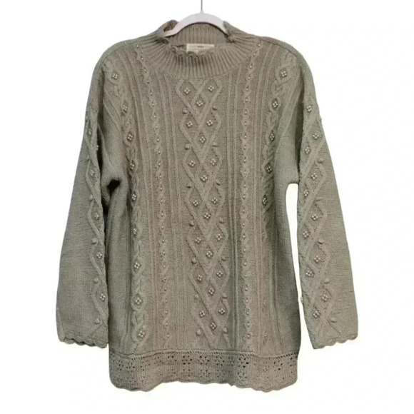 Vintage 90s Cable Knit Sweater Size Large Green Ramie Cotton Beaded Hand Knit - Picture 1 of 13